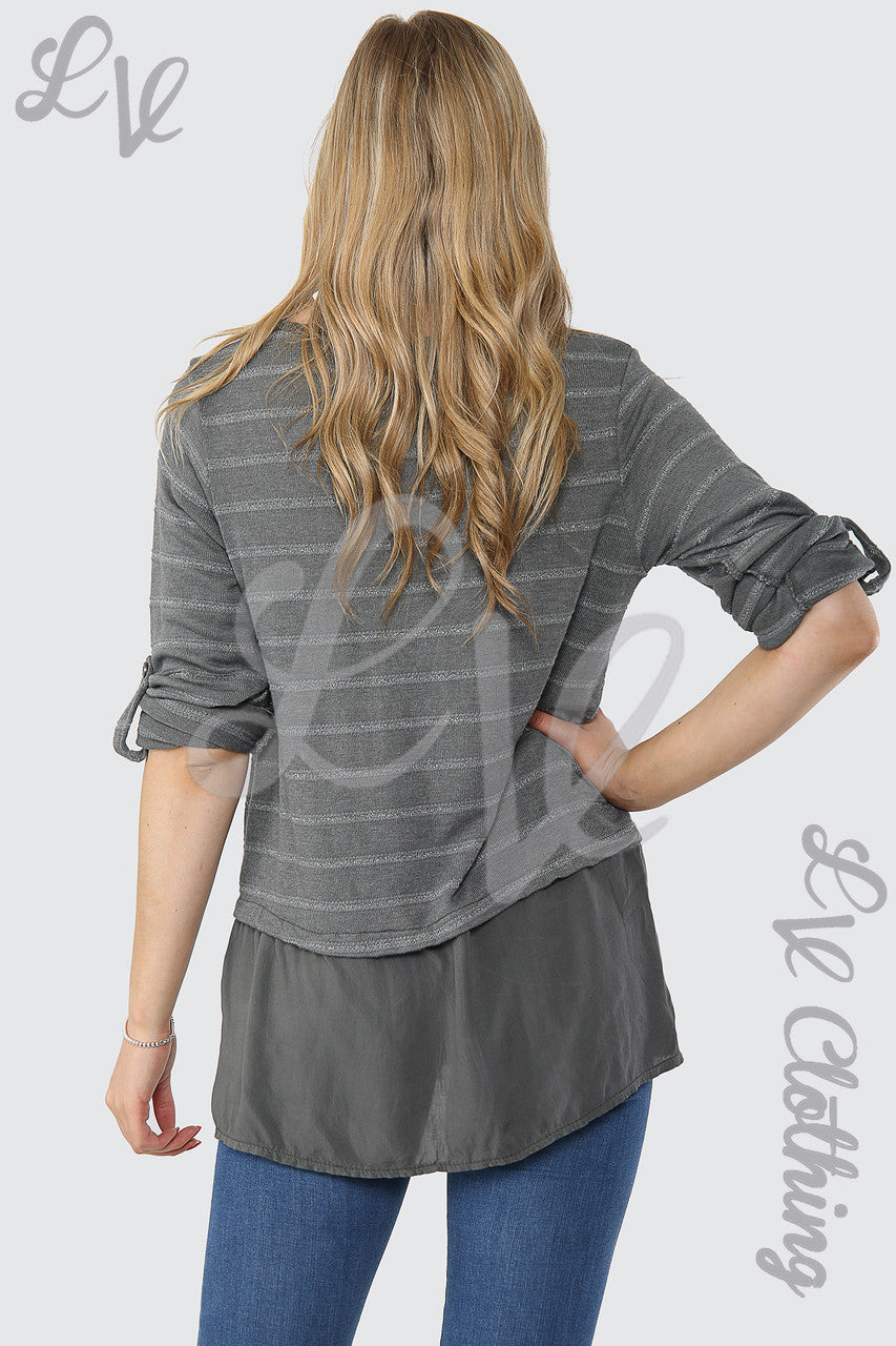 Dames Lurex Streep Top Met Knoopdetail Antraciet - Stuksprijs €12,99
