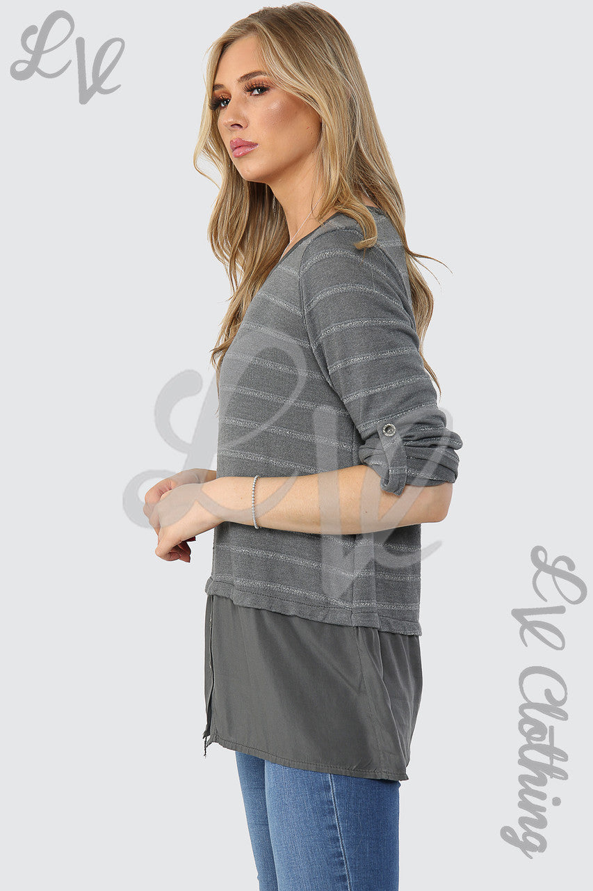 Dames Lurex Streep Top Met Knoopdetail Antraciet - Stuksprijs €12,99