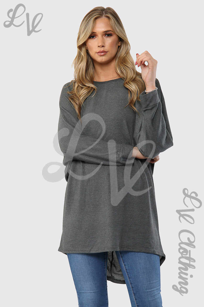 Ladies Plain Hi Lo Fine Knit Tunic Top Charcoal - Unit Price £8.99