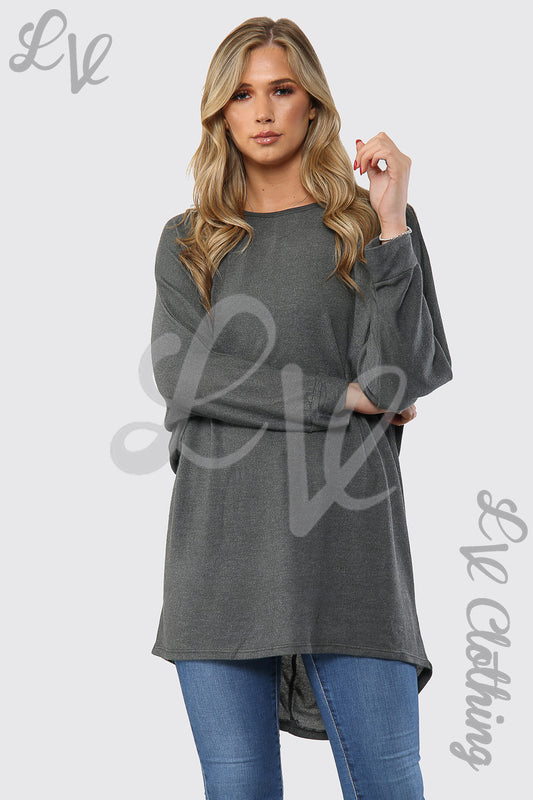 Charcoal fine knit hi-lo tunic top with long sleeves, relaxed fit