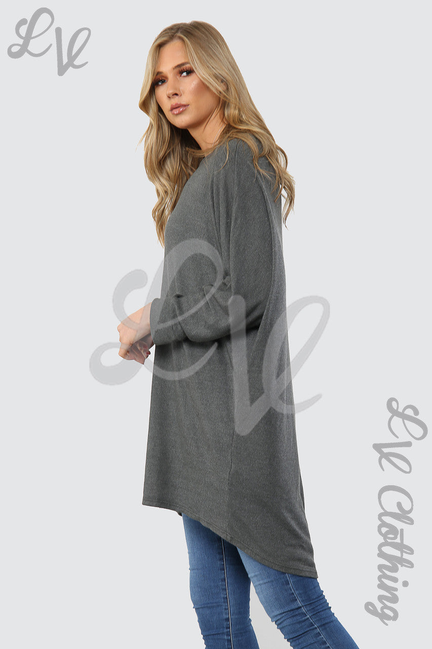 Ladies Plain Hi Lo Fine Knit Tunic Top Charcoal - Unit Price £8.99
