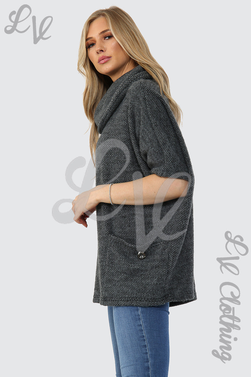 Ladies Cowl Neck Front Pocket Jumper Charcoal Unit Price £14.99
