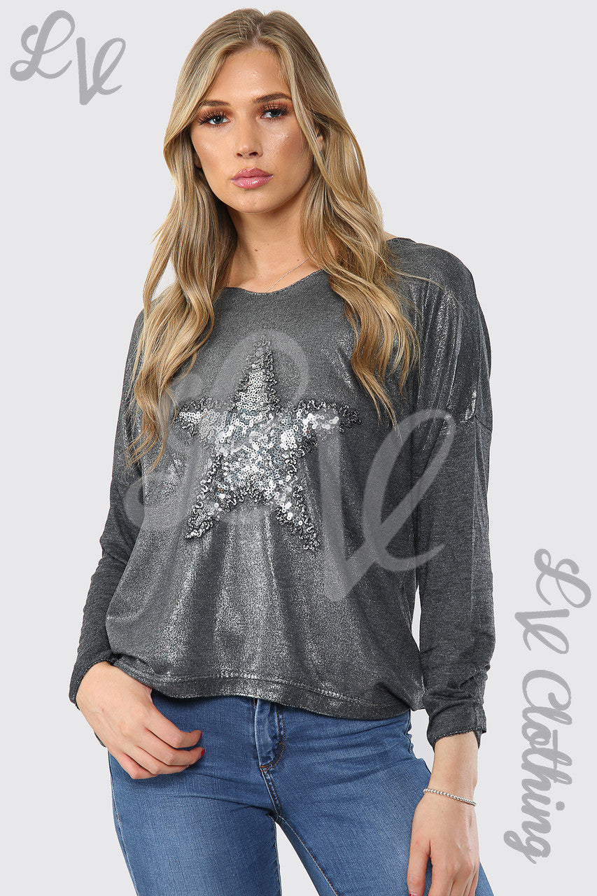 Dames Shimmer Zilveren Ster Geborduurde Top Antraciet - Stukprijs € 11,99