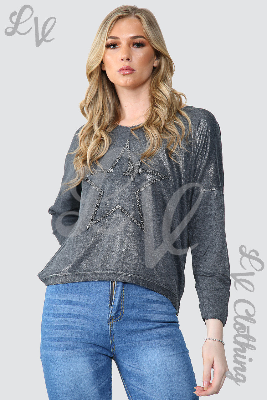 Ladies Shimmer Star Embroidered Top Charcoal - Unit Price £11.99