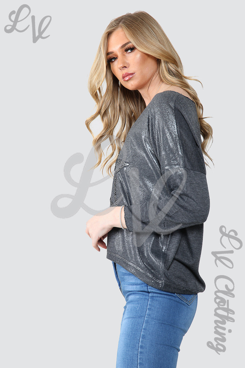 Ladies Shimmer Star Embroidered Top Charcoal - Unit Price £11.99