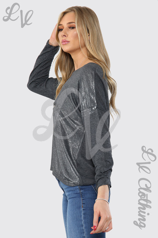 Ladies charcoal long-sleeve top with silver star glitter at chest