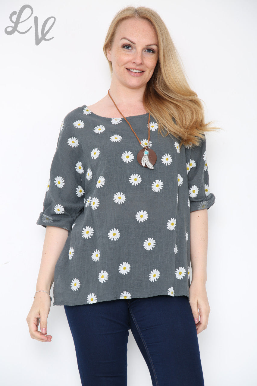 Dames top met bloemenprint en halsketting Houtskool Stukprijs € 8,99