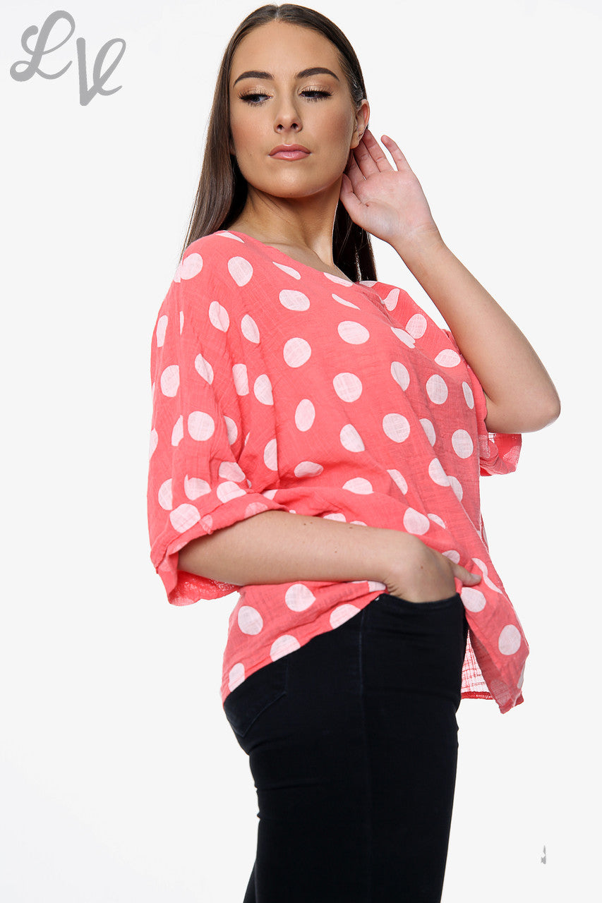 Dames Polkadot Effen Top Koraal Stukprijs €7,99