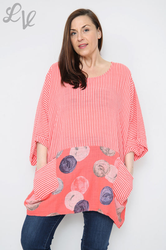 Ladies Stripes & Circles Print Top Coral Unit Price £8.99