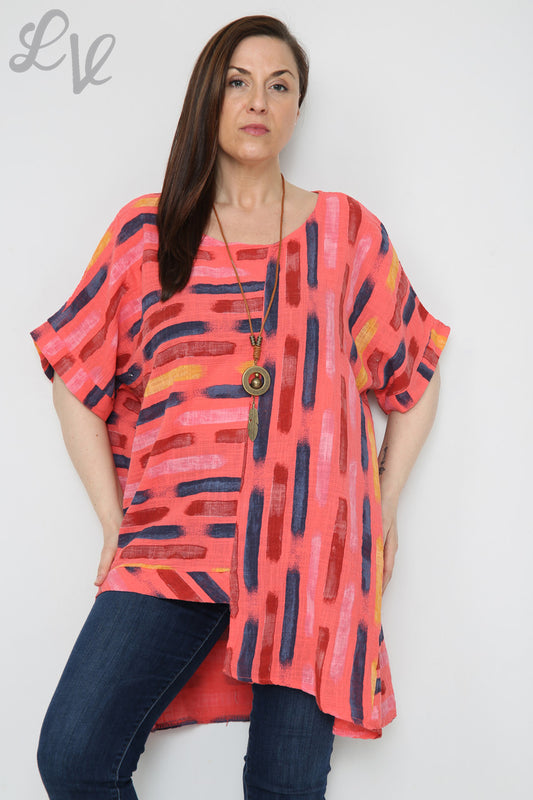 Ladies Paint Stripes Print Asymmetrical Top Coral Unit Price £8.99