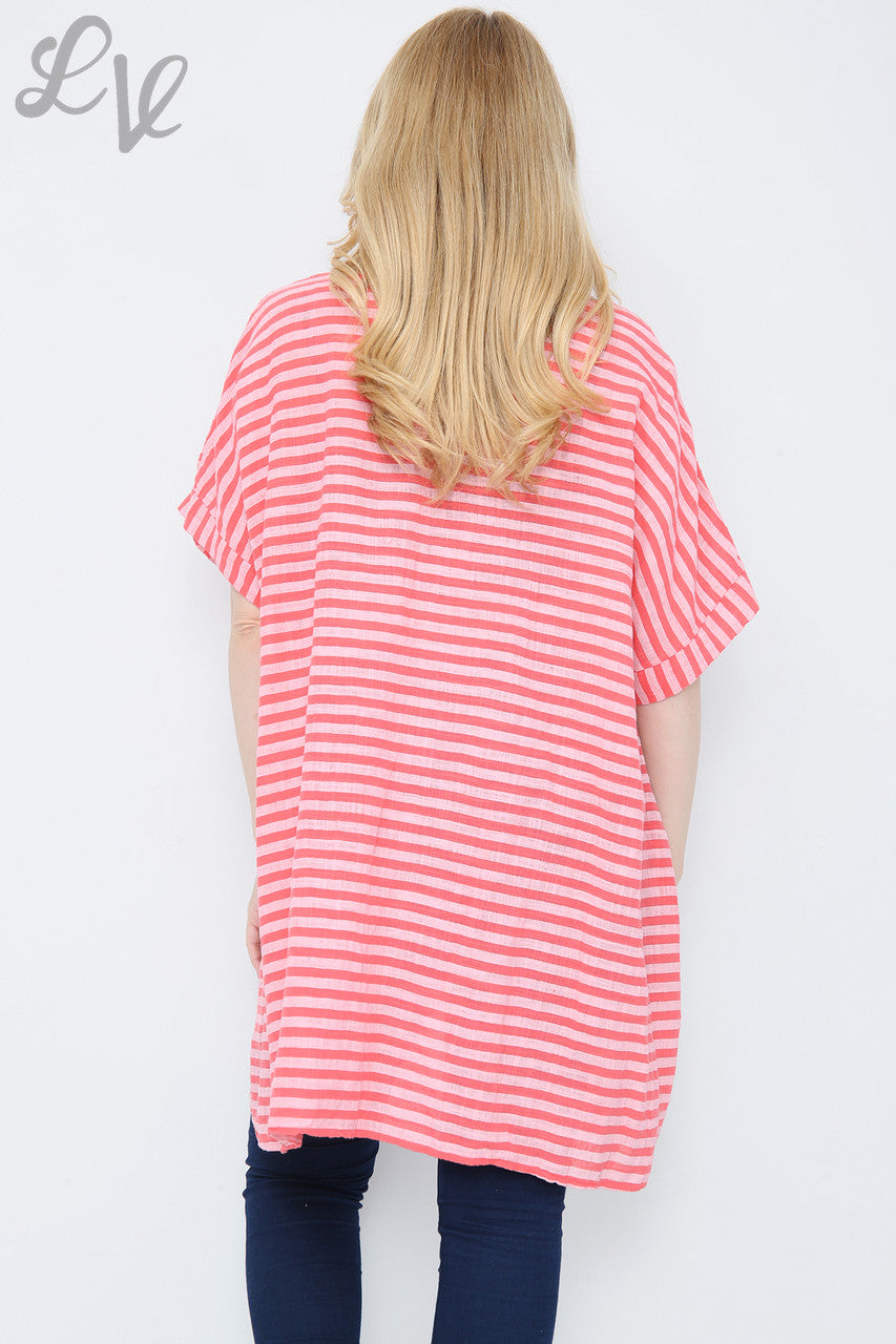 Dames Top met Verticale & Horizontale Streepmix Koraal Stukprijs € 9,99
