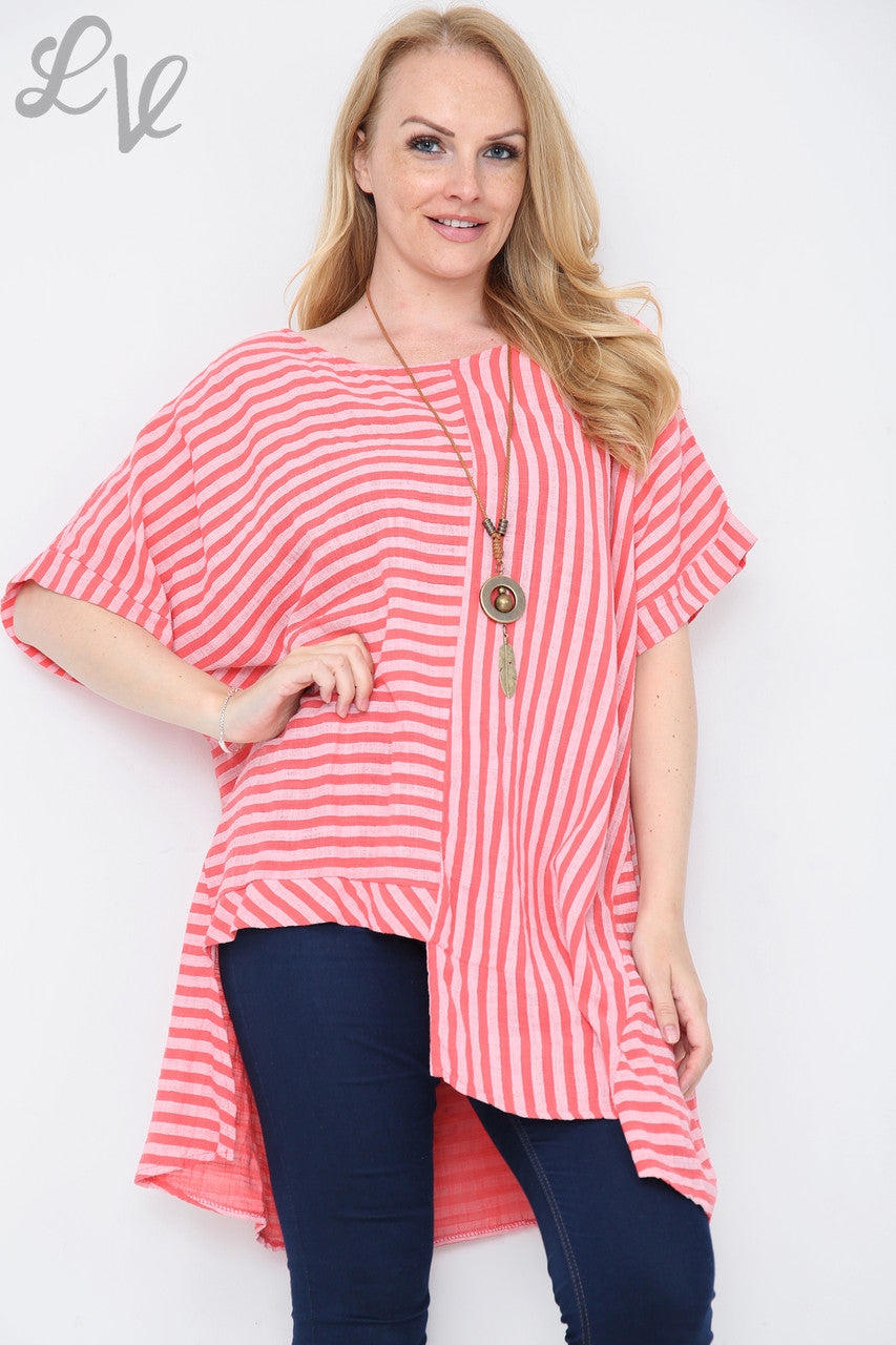 Dames Top met Verticale & Horizontale Streepmix Koraal Stukprijs € 9,99