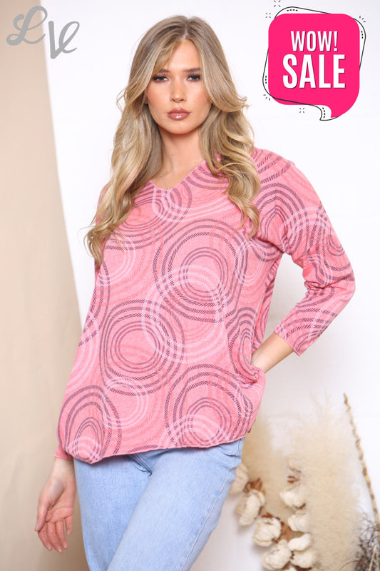 Ladies Circle Outline Print Fine Knit Jumper Top Coral