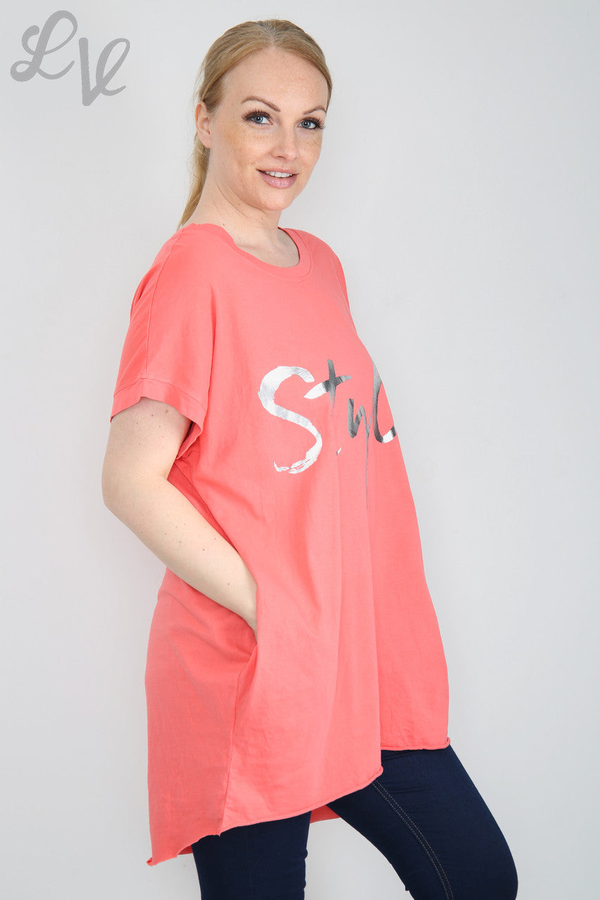 Dames folie 'Stijl' grafische top koraalstukprijs € 6,99