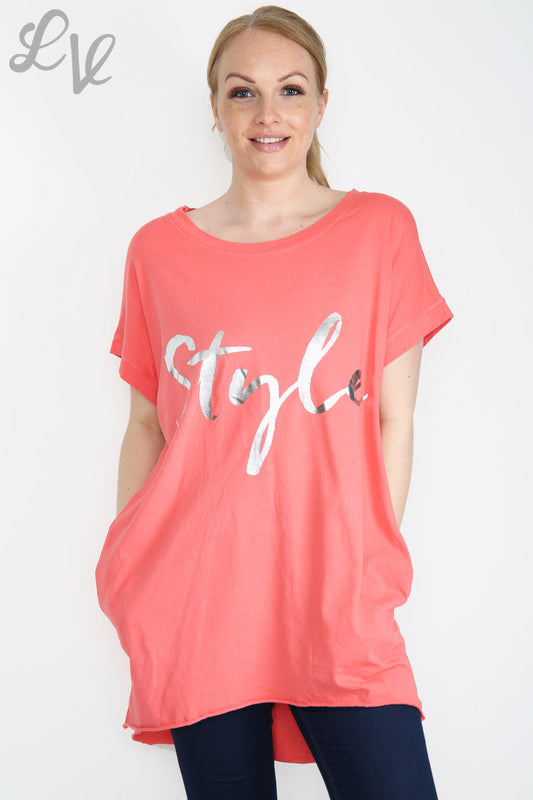 Ladies Foil 'Style' Graphic Top Coral Unit Price £6.99