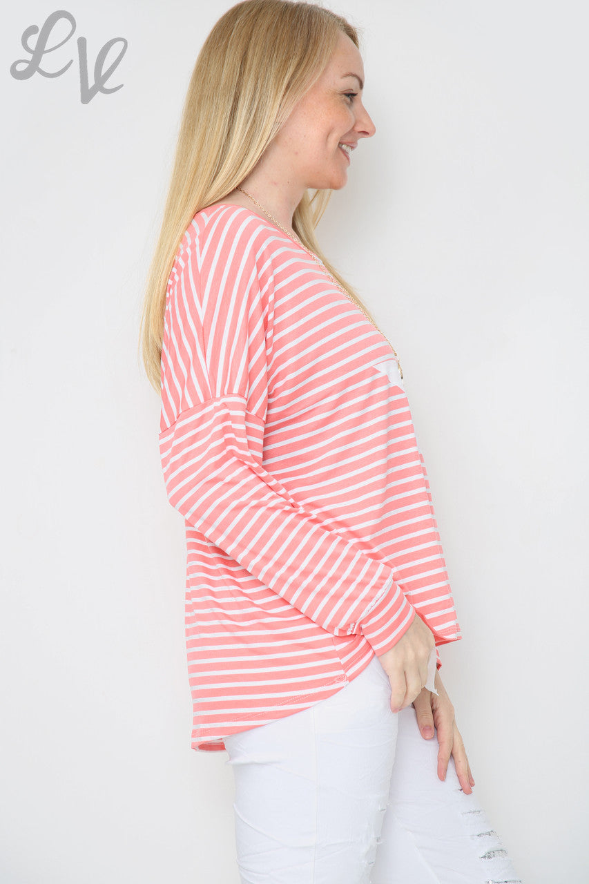 Dames Top met strepen en sterren Koraal Stukprijs € 8,99