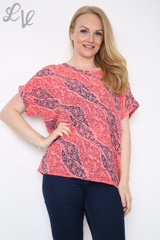 Ladies Leaf Paisley Print Top Coral Unit Price £7.99