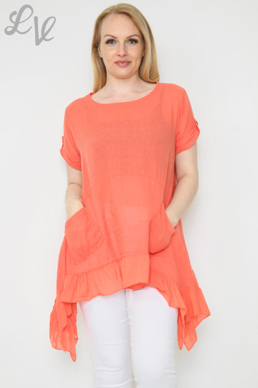 Ladies Floaty Frill Hemline Tunic Top Coral Unit Price £9.99