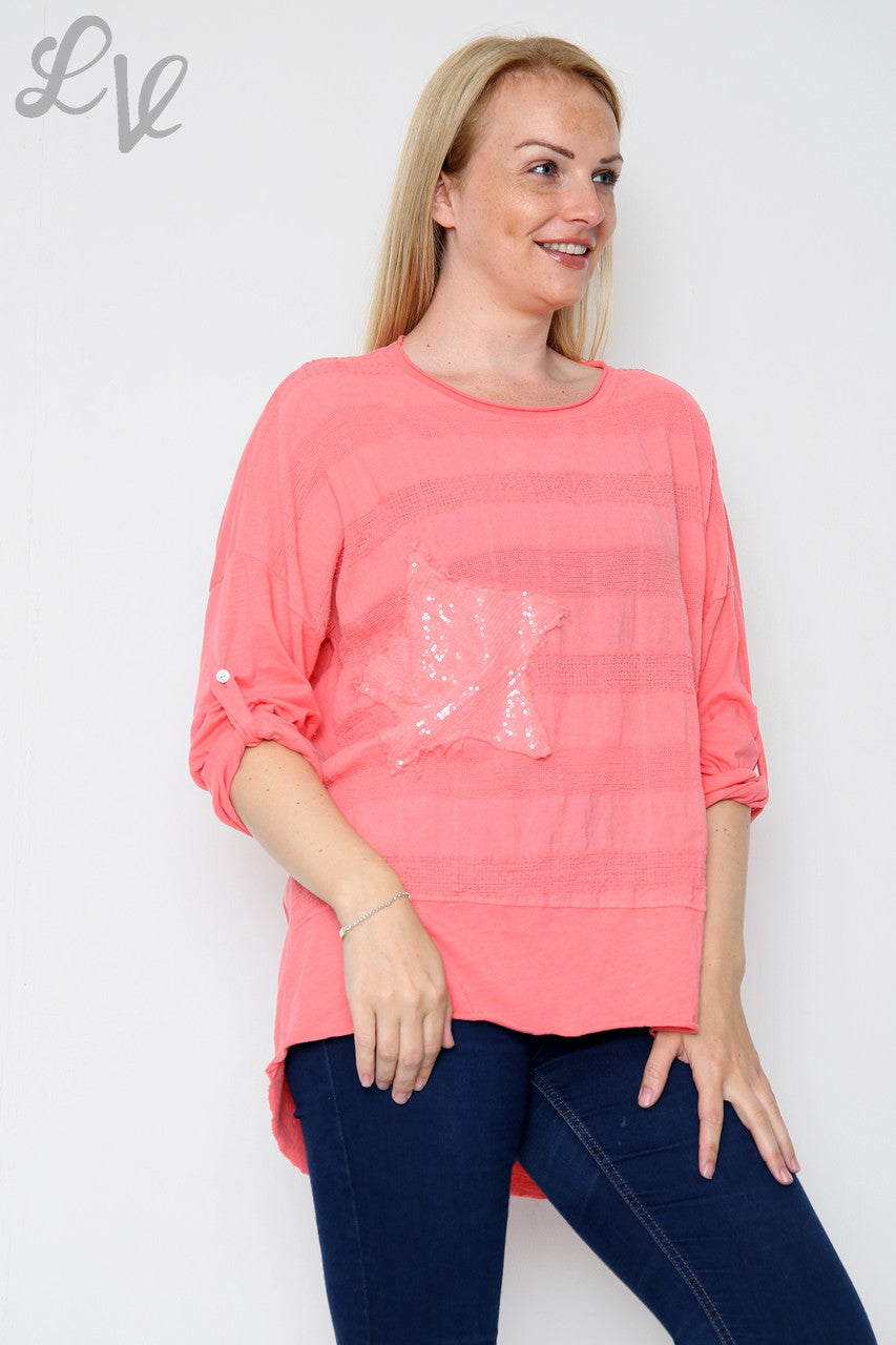 Dames Top met Pailletten Sterretjes Koraal Stukprijs €8,99