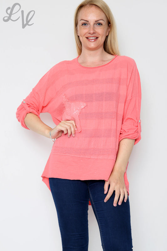 Ladies Sequin Star Detail Top Coral Unit Price £8.99