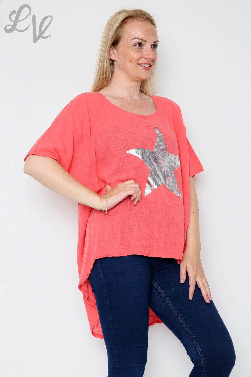 Dames folie Ster Floaty Top Koraal Stukprijs € 9,99