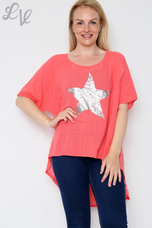 Ladies Foil Star Floaty Top Coral Unit Price £9.99