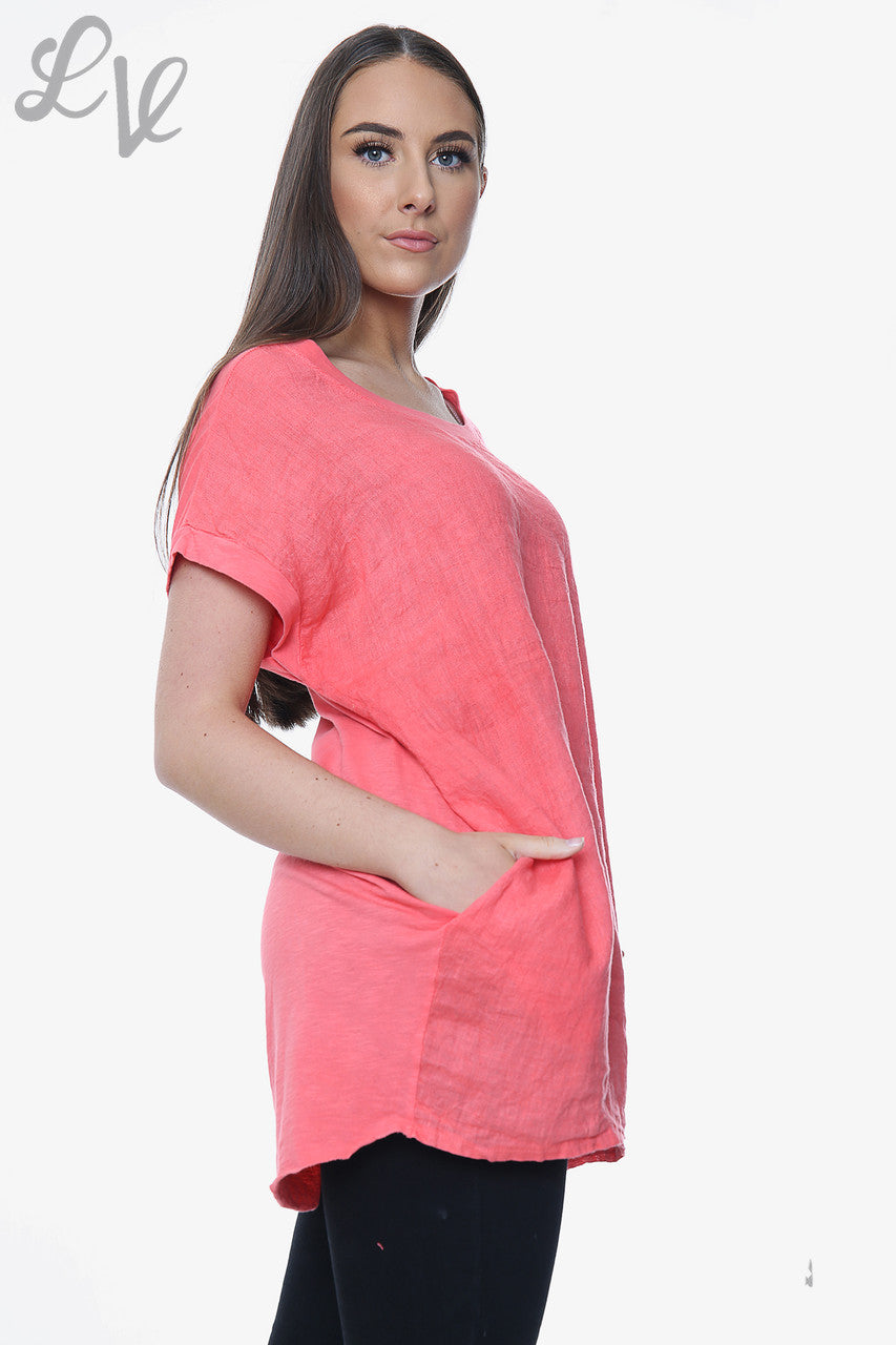 Ladies Linen Front & Cotton Back Plain Top Coral Unit Price £8.99