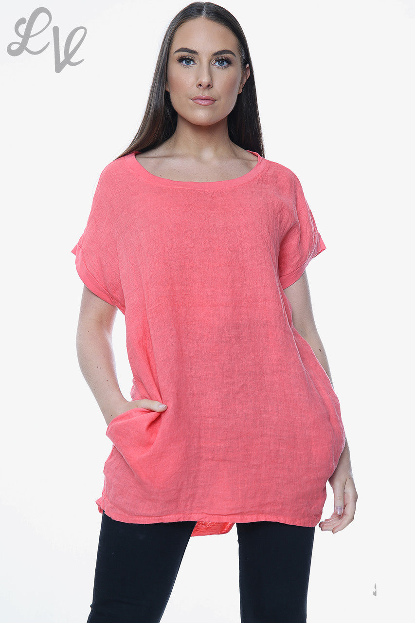 Ladies Linen Front & Cotton Back Plain Top Coral Unit Price £8.99