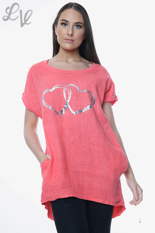 Ladies Linen Front & Cotton Back Foil Hearts Top Coral Unit Price £9.99
