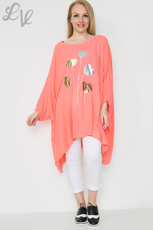 Ladies Foil Tulip Print Floaty Top Coral Unit Price £11.99
