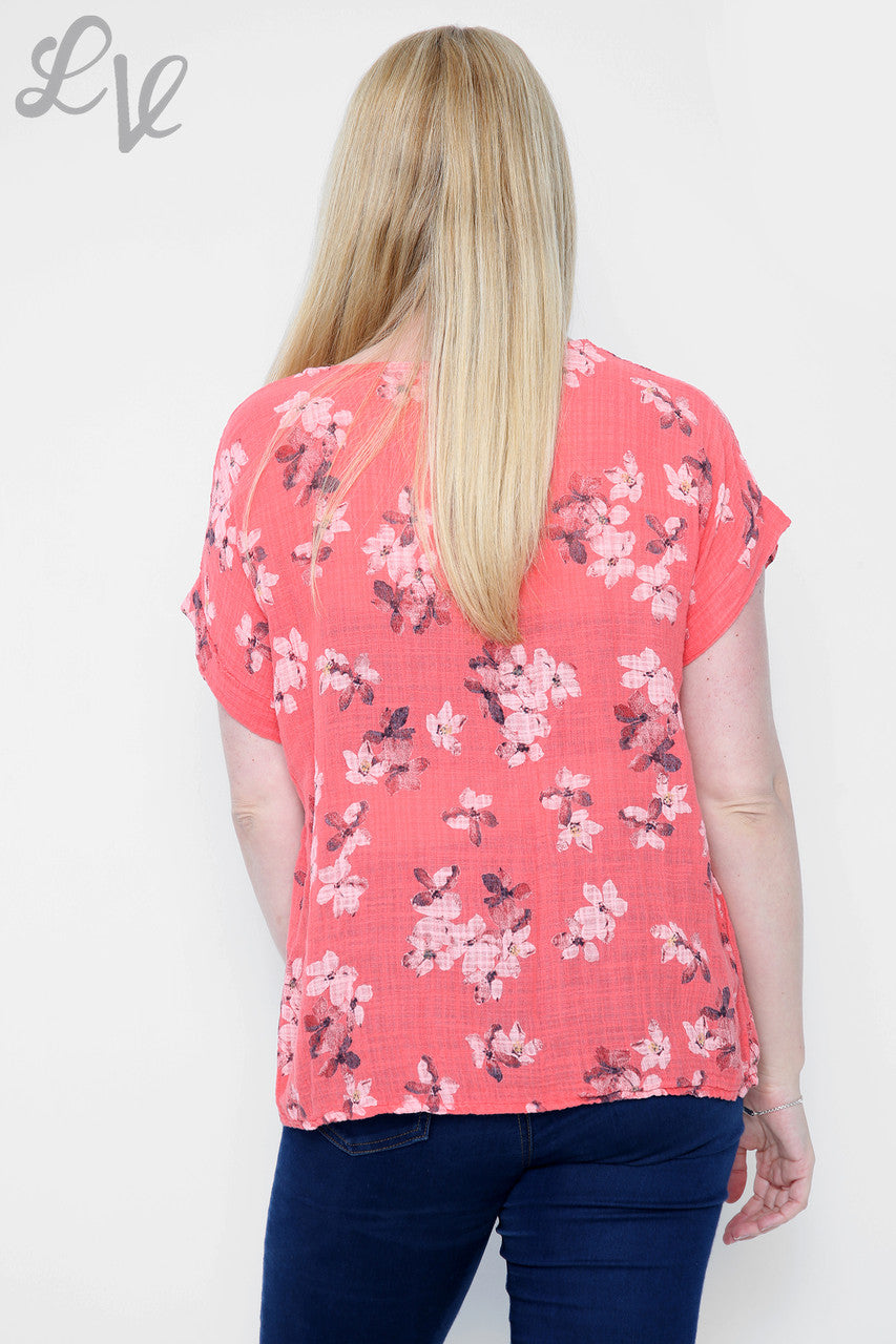 Dames top met bloemenprint Koraal