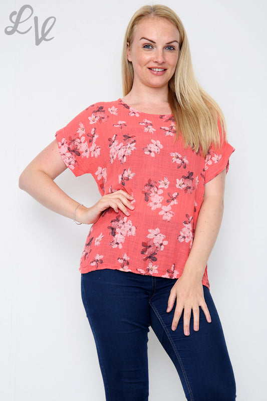 Ladies Floral Blossom Print Top Coral