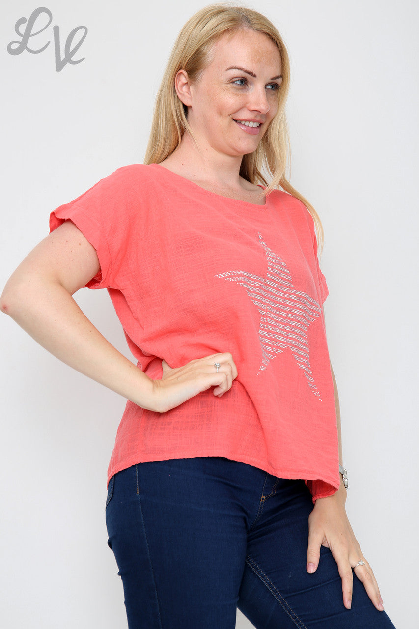Ladies Sequin Star Shape Top Coral  - Unit Price £7.99