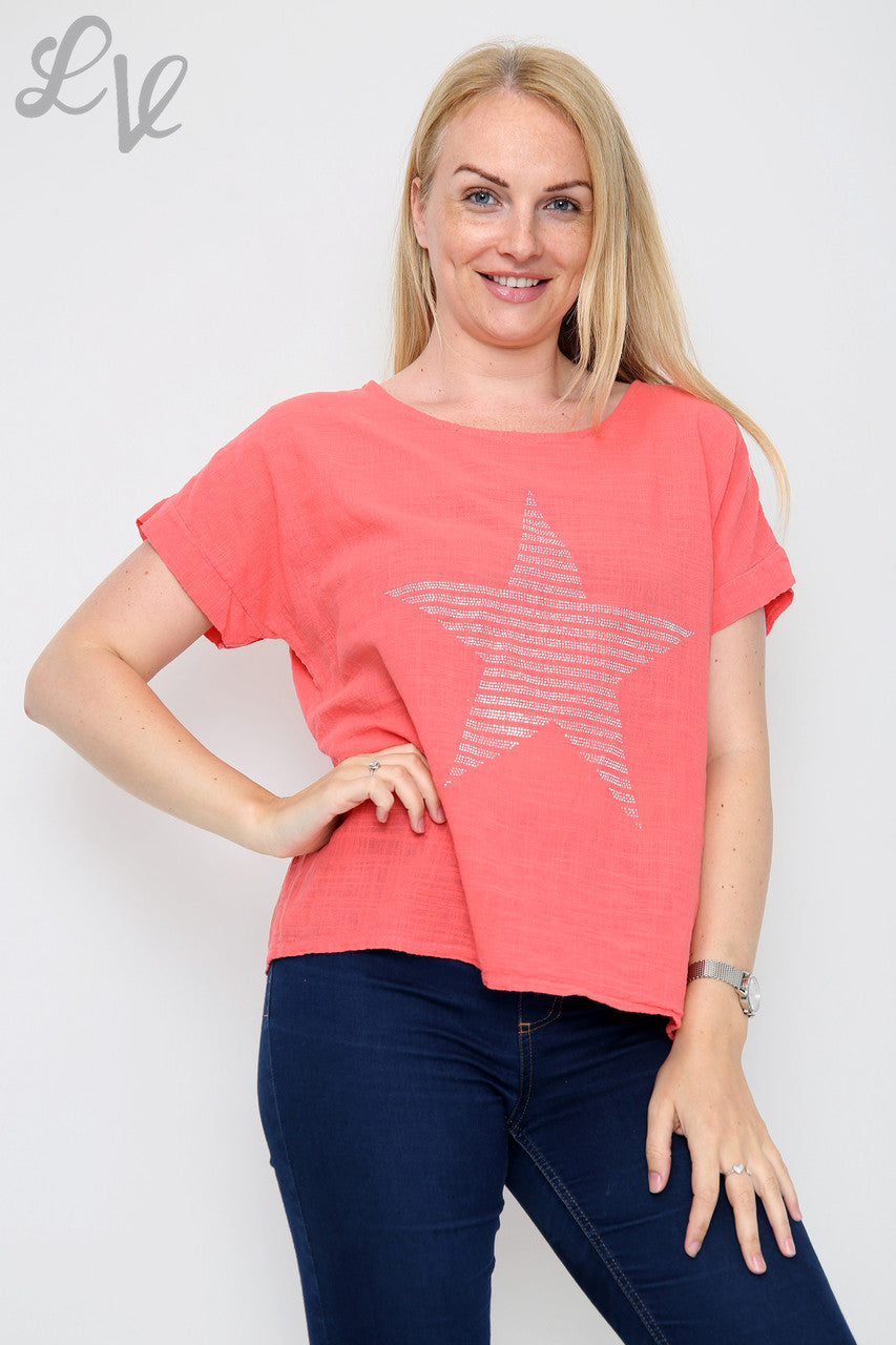 Ladies Sequin Star Shape Top Coral  - Unit Price £7.99