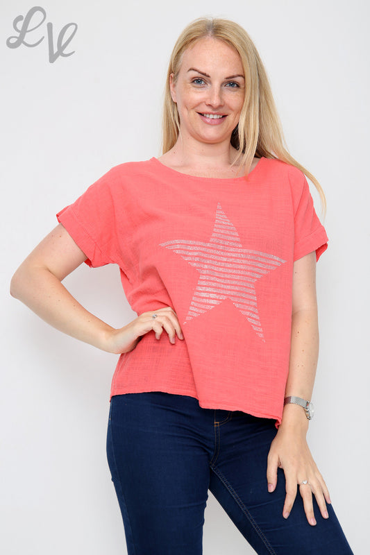 Ladies Sequin Star Shape Top Coral - Unit Price £7.99