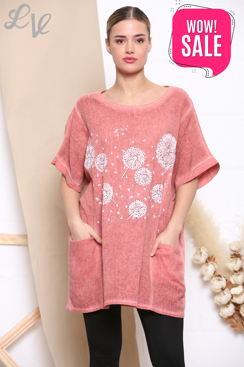 Ladies Dandelion Print Pocket Front Top Coral