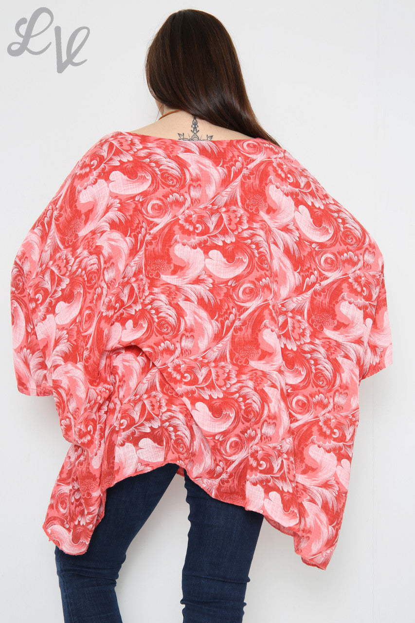 Dames Barokprint Vleermuismouw Top Koraal Stukprijs €12,99