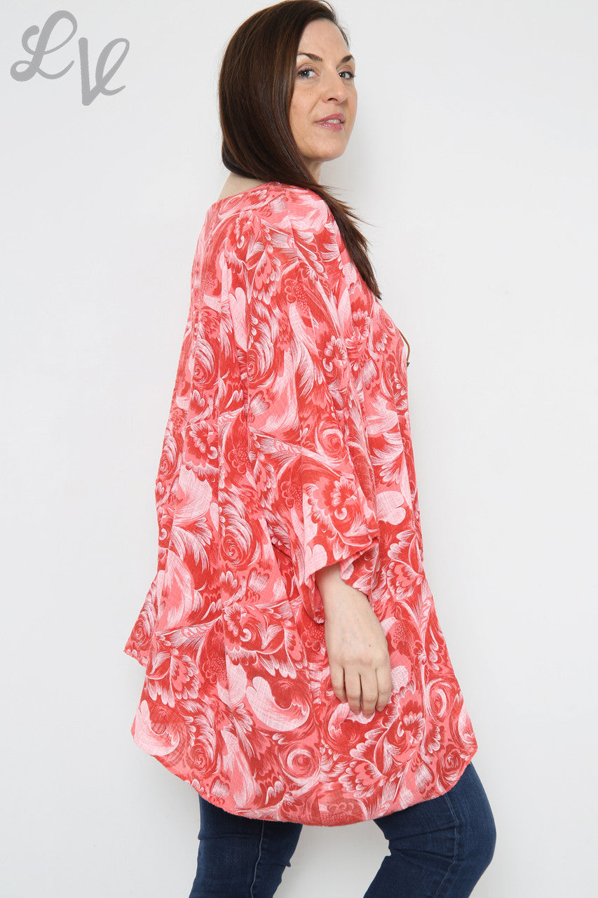 Dames Barokprint Vleermuismouw Top Koraal Stukprijs €12,99