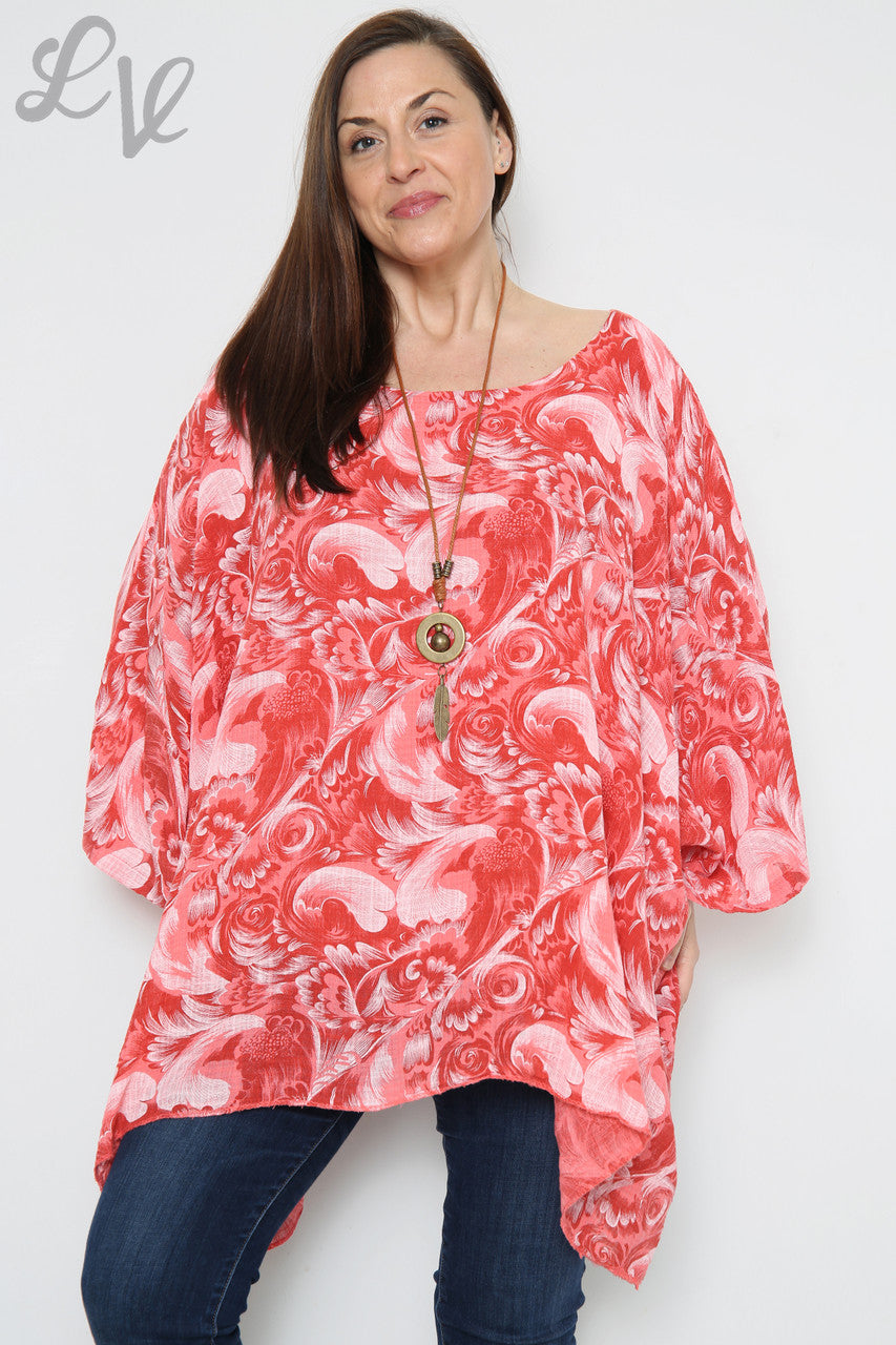 Dames Barokprint Vleermuismouw Top Koraal Stukprijs €12,99