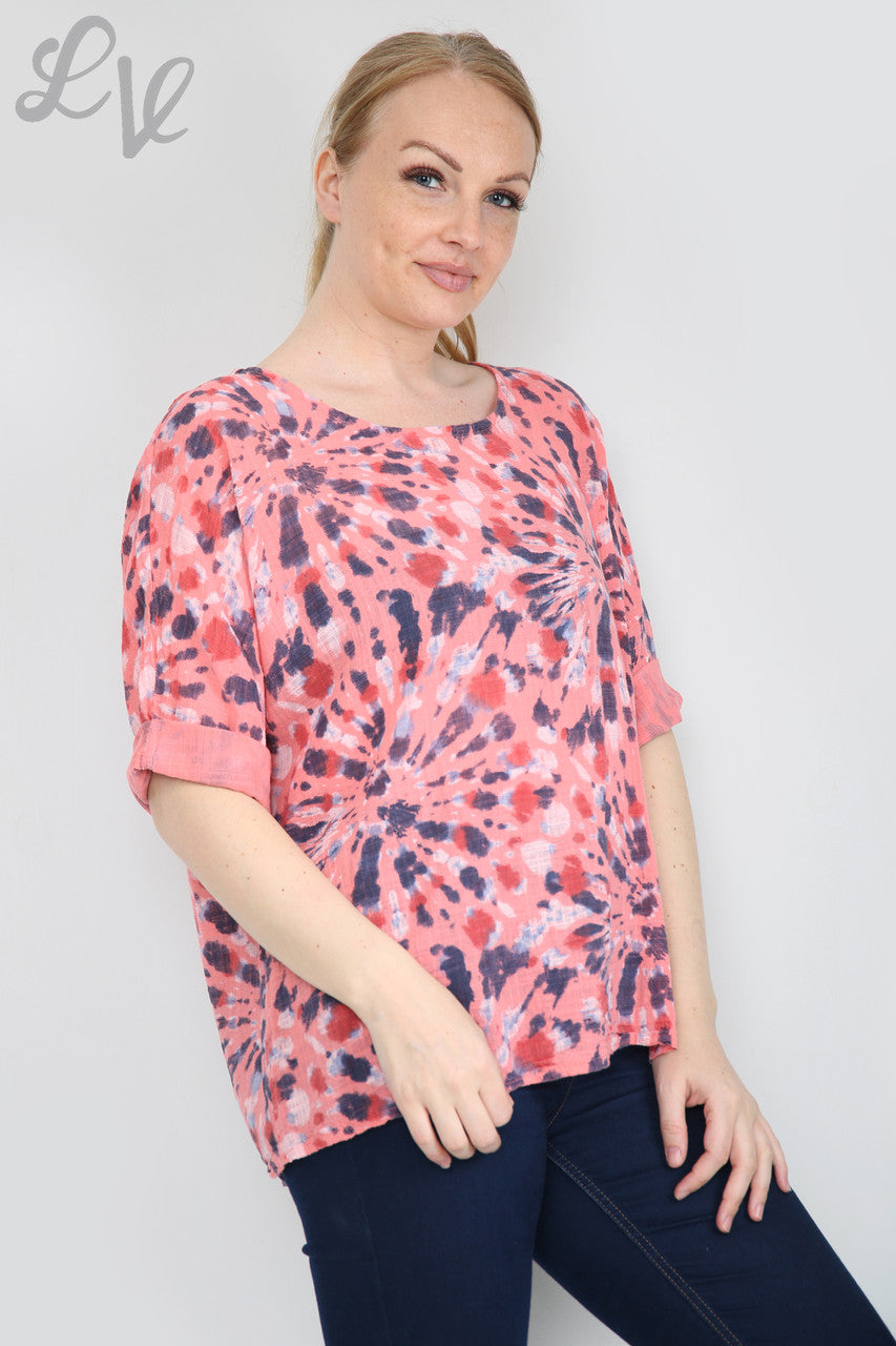 Dames Tie Dye Print Eenvoudige Top Koraal Stukprijs £7,99