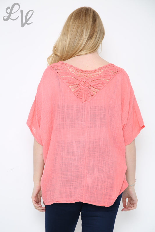 Ladies Crochet Back Top Coral