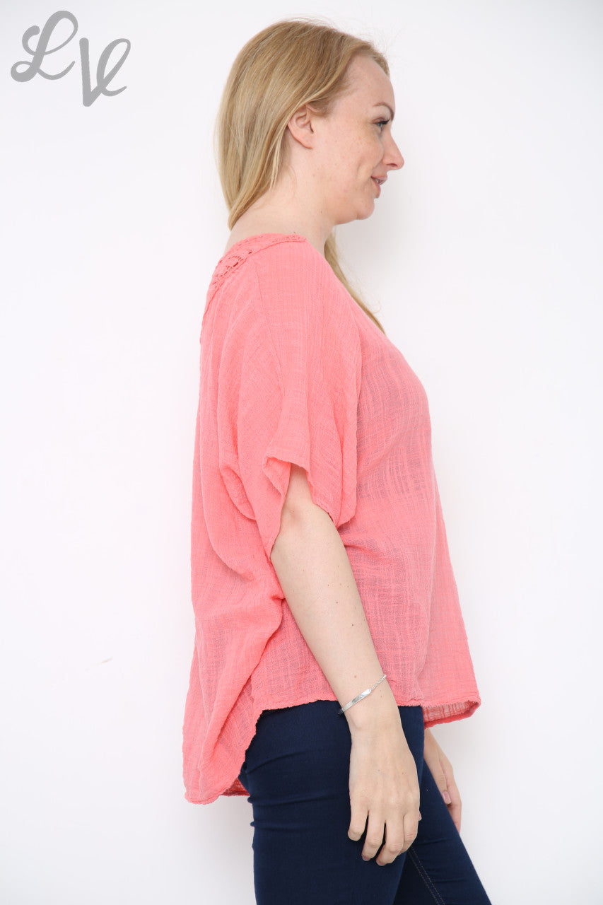 Ladies Crochet Back Top Coral