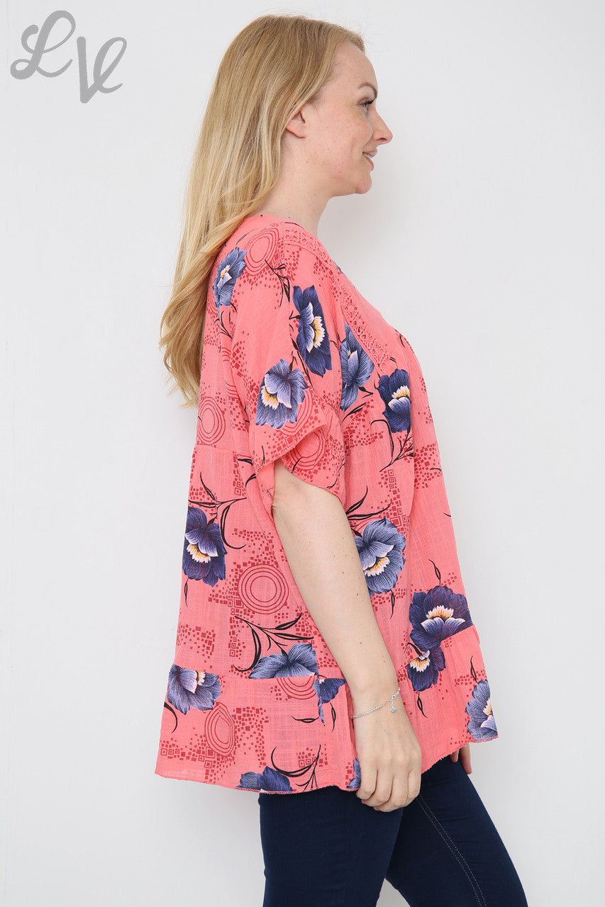 Ladies Flower Stem Print Top Coral Unit Price £7.99