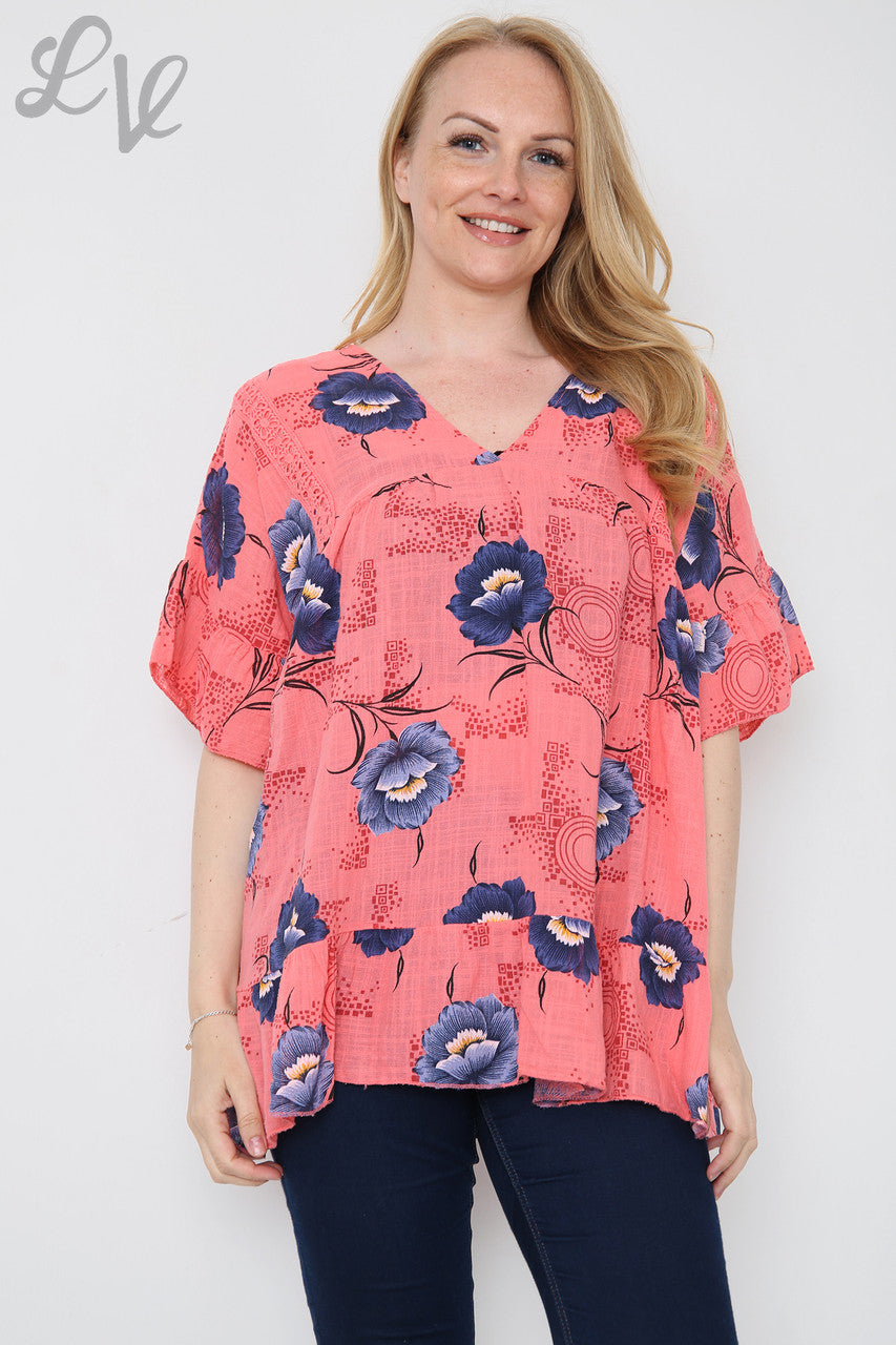 Ladies Flower Stem Print Top Coral Unit Price £7.99