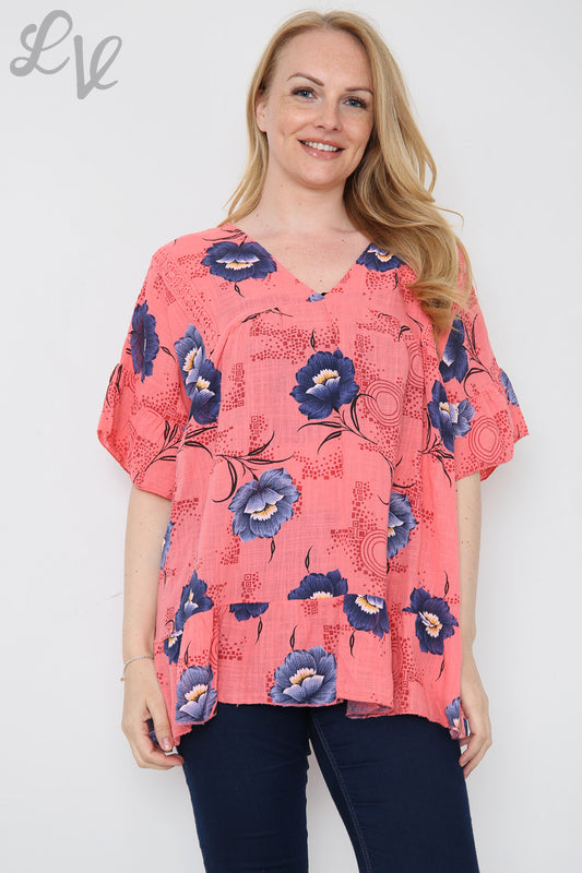Ladies Flower Stem Print Top Coral Unit Price £7.99