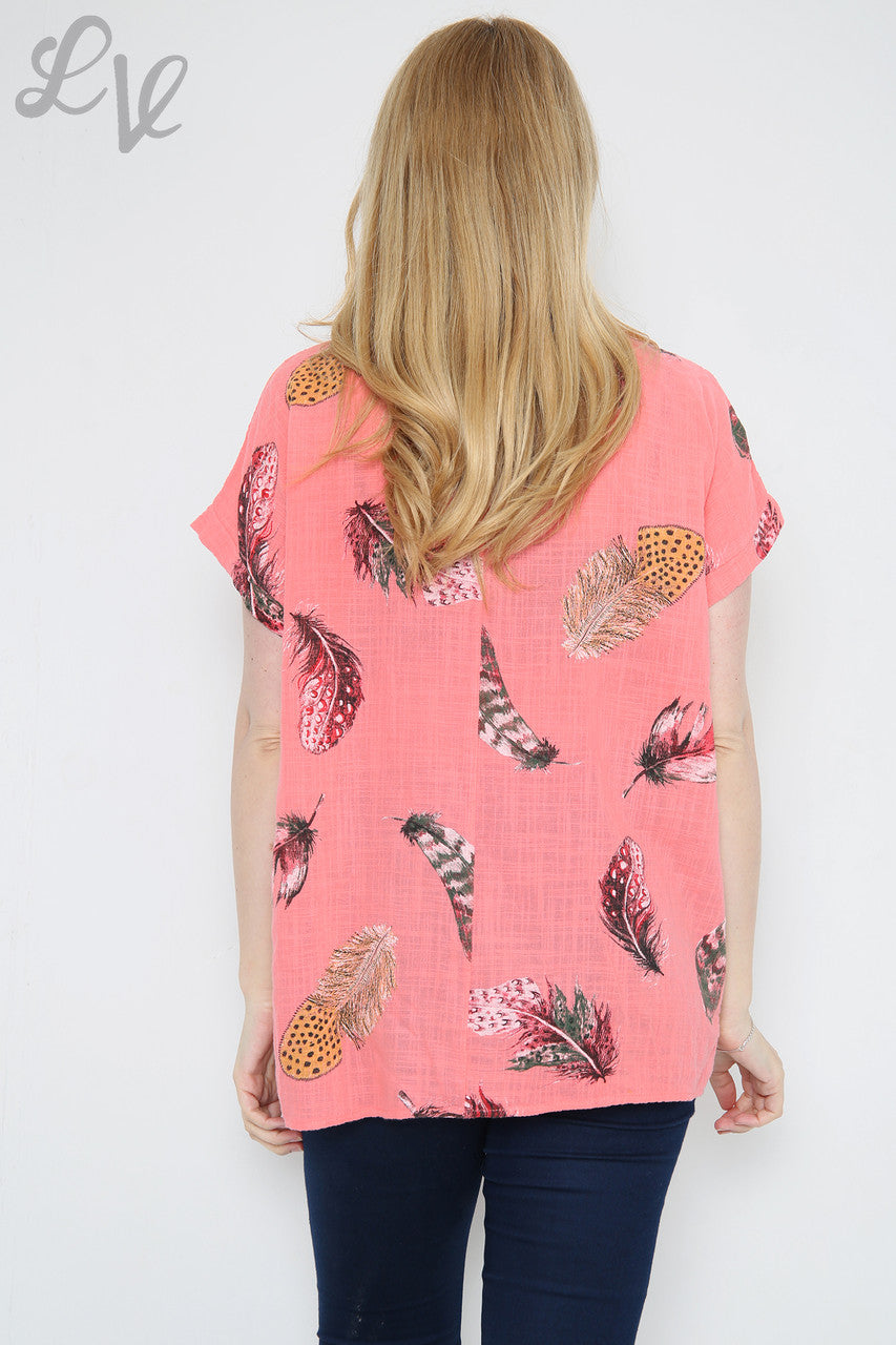 Dames Top Met Kleurrijke Verenprint Koraal Stukprijs €9,99
