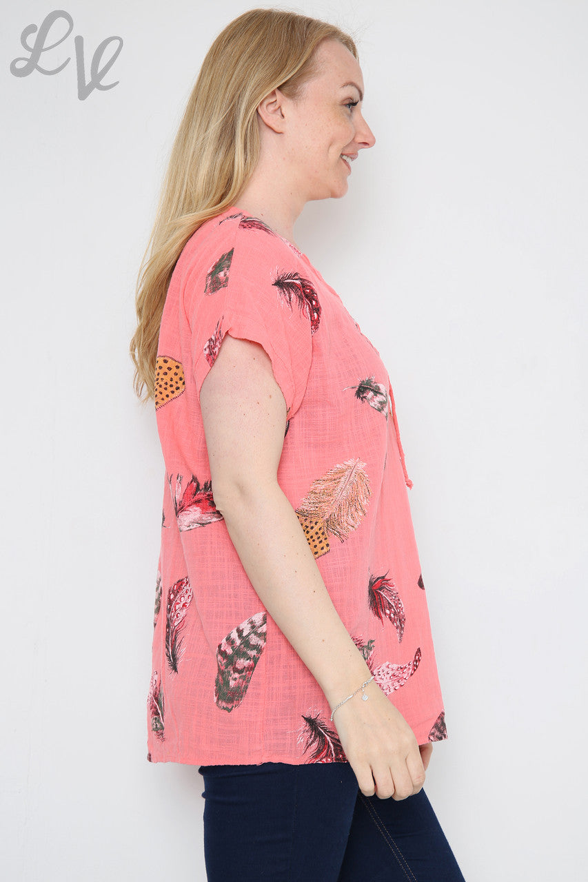 Dames Top Met Kleurrijke Verenprint Koraal Stukprijs €9,99