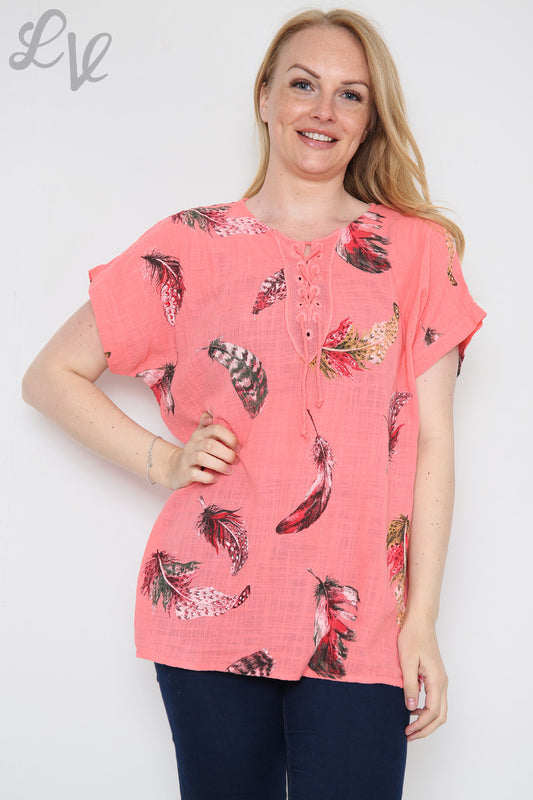 Ladies Colourful Feather Printed Top Coral Unit Price £9.99