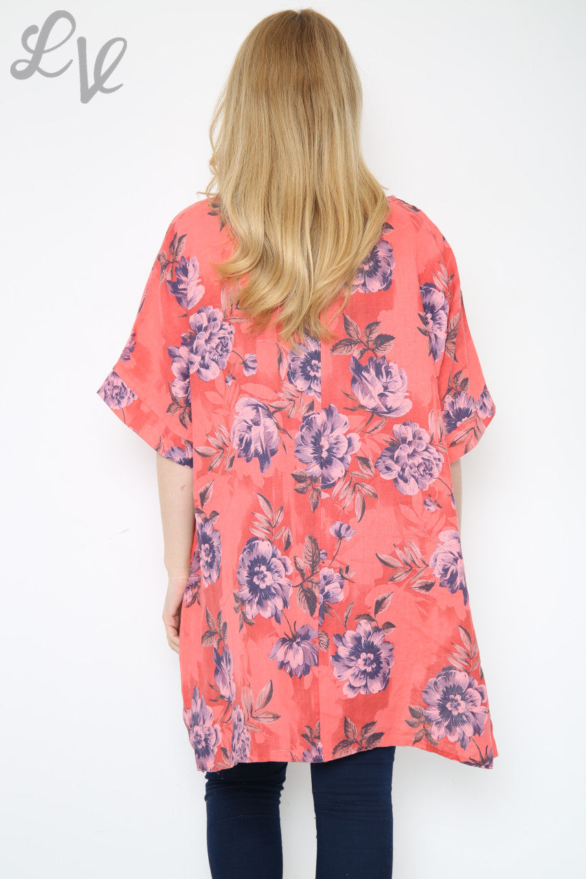 Dames Top met Bloemen- en Plantenstengelprint Koraal Stukprijs €12,99