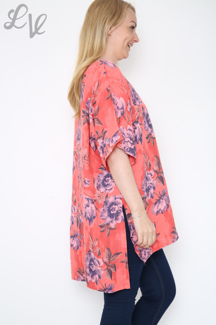 Dames Top met Bloemen- en Plantenstengelprint Koraal Stukprijs €12,99